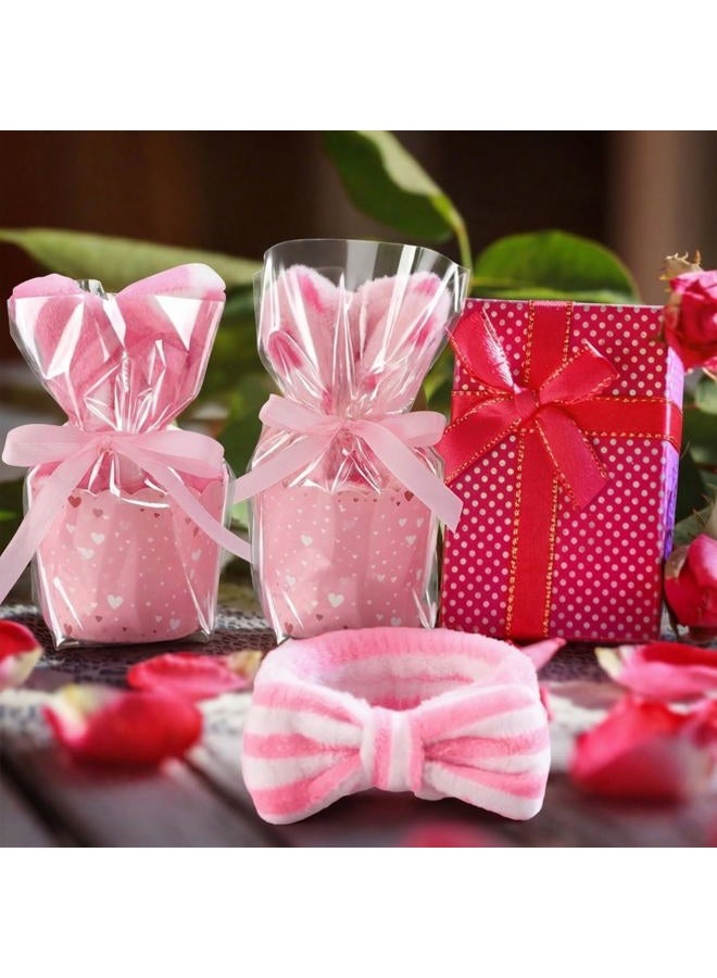 FineCheer 12 Set Valentine's Day Gift for Women Cupcake Headband DIY Gift for Her Include Pink Bow Fuzzy Headbands Cupcake Cup Transparent Bag and Ribbon for Valentines Friends Day - Image 2
