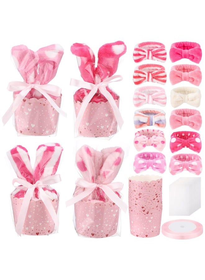 FineCheer 12 Set Valentine's Day Gift for Women Cupcake Headband DIY Gift for Her Include Pink Bow Fuzzy Headbands Cupcake Cup Transparent Bag and Ribbon for Valentines Friends Day - Image 1