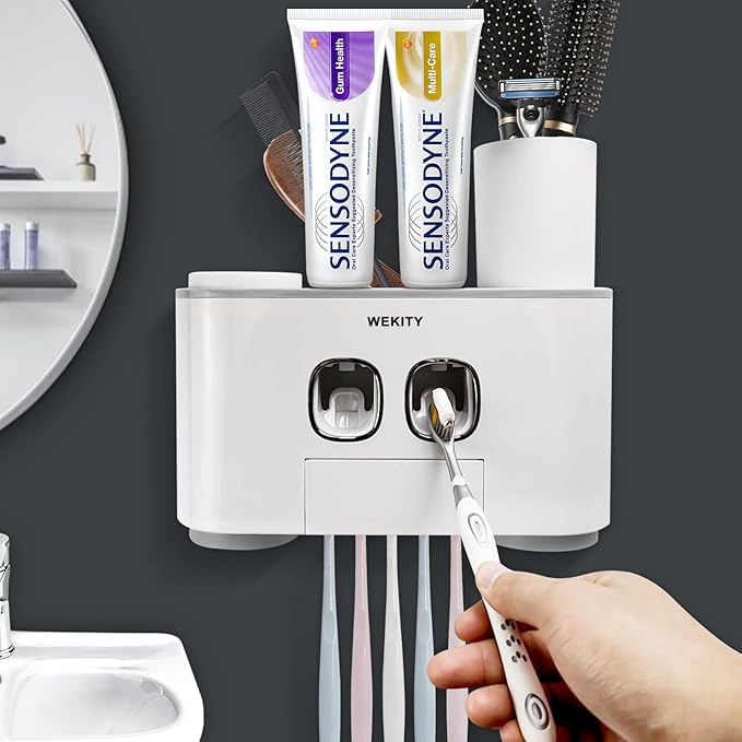 WEKITY Toothbrush Holder Wall Mounted, Multi-Functional Toothbrush and Toothpaste Dispenser for Bathroom, with 5 Toothbrush Slots, 2 Toothpaste Squeezers and 4 Cups(Grey) - Image 1