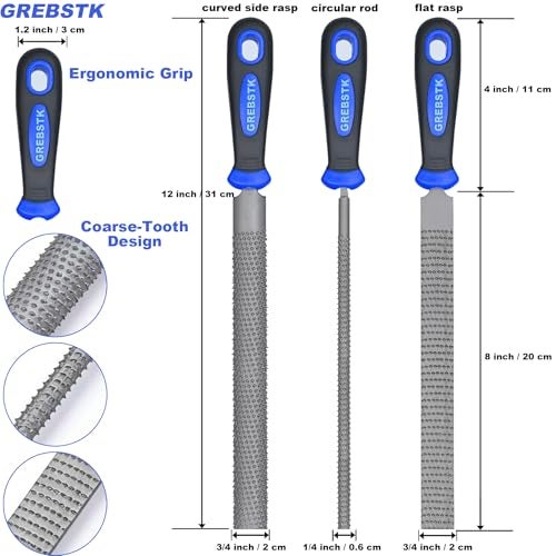 GREBSTK 12 inch Wood Rasp File Set with Rubber Grip Wood Course Cut Rasp 3 PCS Set, Round, Half-Round, Flat File Rasp - Image 2