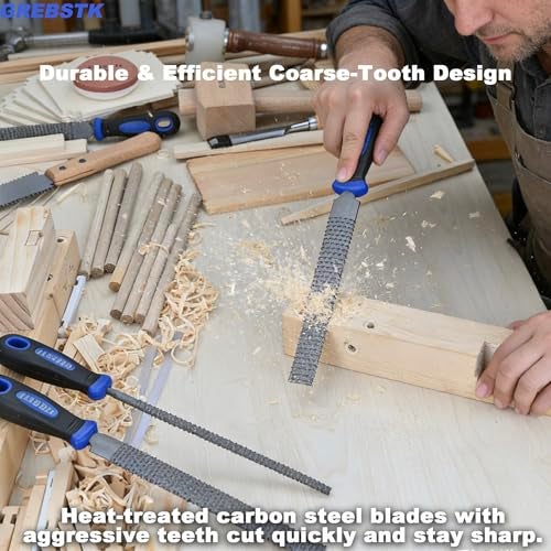 GREBSTK 12 inch Wood Rasp File Set with Rubber Grip Wood Course Cut Rasp 3 PCS Set, Round, Half-Round, Flat File Rasp - Image 4