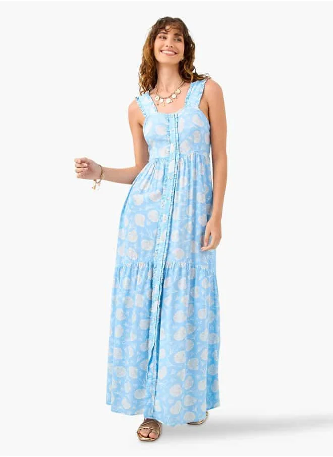 فاف Printed Sleeveless Dress with Square Neck and Frill Detail