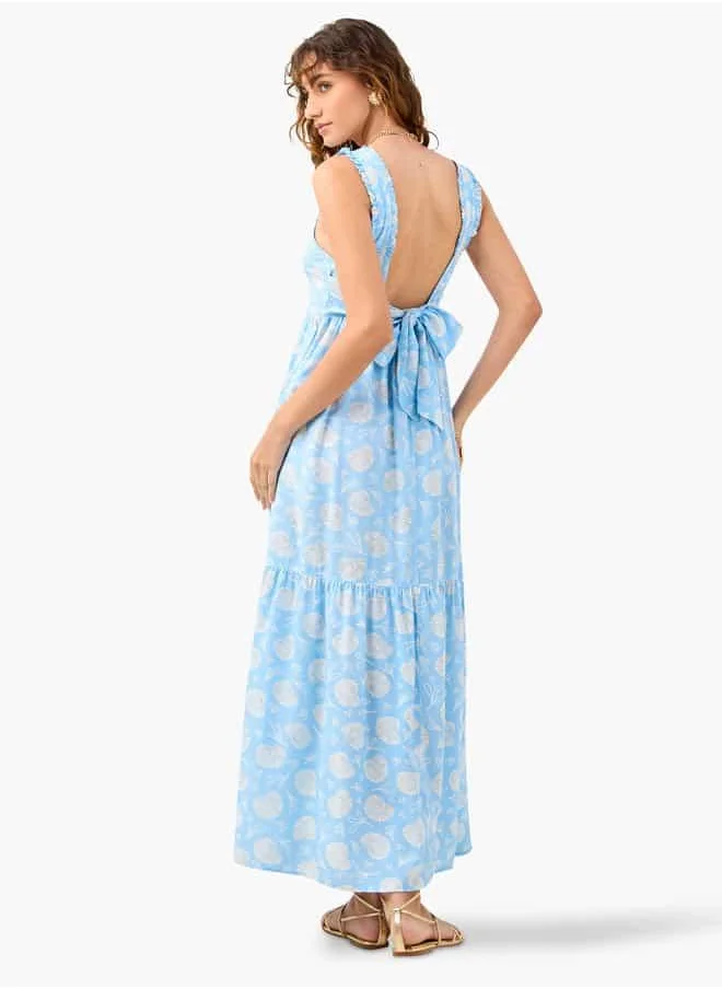 فاف Printed Sleeveless Dress with Square Neck and Frill Detail