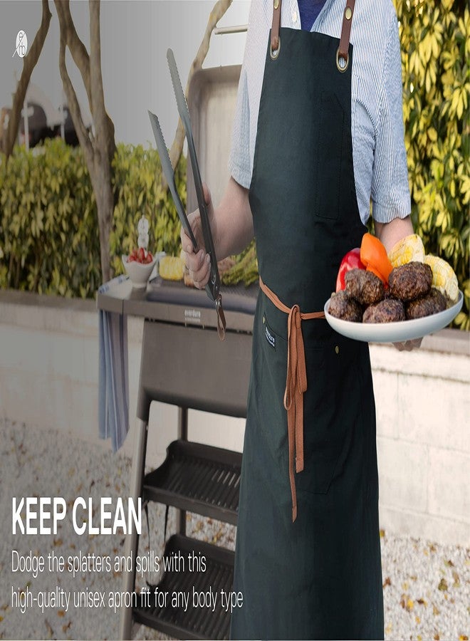 Everdure Premium Cotton Black Grill Apron with Brown Leather Finish and Adjustable Straps, Built-In Large Upper & Front Pockets, One Size Fits All, Great BBQ Gifts for Men or Women - Image 3