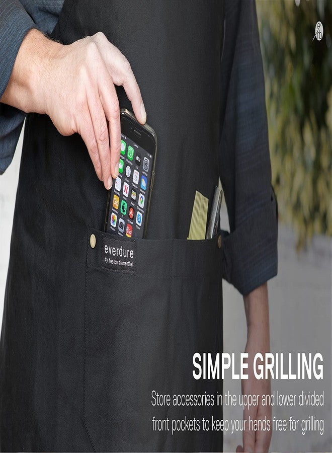 Everdure Premium Cotton Black Grill Apron with Brown Leather Finish and Adjustable Straps, Built-In Large Upper & Front Pockets, One Size Fits All, Great BBQ Gifts for Men or Women - Image 2