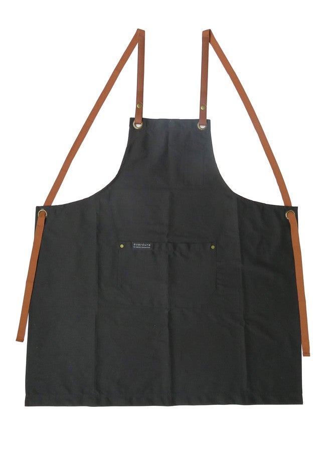 Everdure Premium Cotton Black Grill Apron with Brown Leather Finish and Adjustable Straps, Built-In Large Upper & Front Pockets, One Size Fits All, Great BBQ Gifts for Men or Women - Image 1