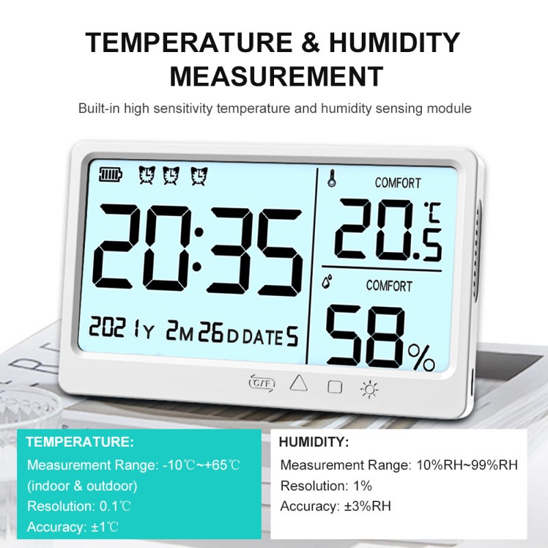 Hygrothermograph: White ABS Shell - High Definition Backlit LCD Display, Accurate ±1℃ ±3%RH Range, ℃/℉ Switchable Temperature Sensor Humidity Detector for Household Office Use - Image 2