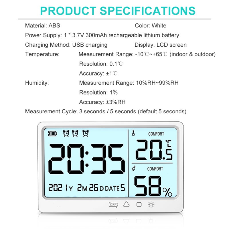 Hygrothermograph: White ABS Shell - High Definition Backlit LCD Display, Accurate ±1℃ ±3%RH Range, ℃/℉ Switchable Temperature Sensor Humidity Detector for Household Office Use - Image 5