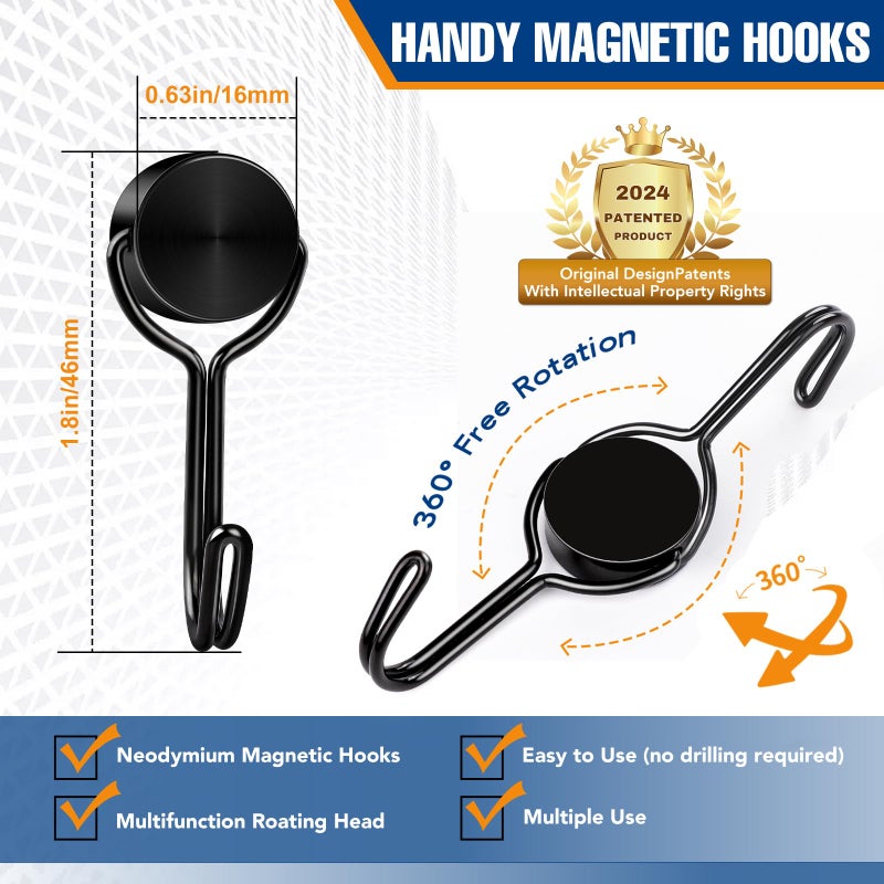 TRYMAG 28LBS Magnetic Hooks Heavy Duty, 6 Pack Black Magnetic Swivel Hooks for Cruise Cabins, Strong Neodymium Magnet Hook for Hanging, Toolbox, Rare Earth Magnets with Hook for Fridge, Grill, Locker - Image 2