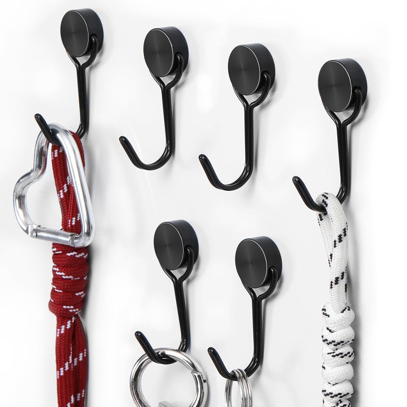TRYMAG 28LBS Magnetic Hooks Heavy Duty, 6 Pack Black Magnetic Swivel Hooks for Cruise Cabins, Strong Neodymium Magnet Hook for Hanging, Toolbox, Rare Earth Magnets with Hook for Fridge, Grill, Locker - Image 1