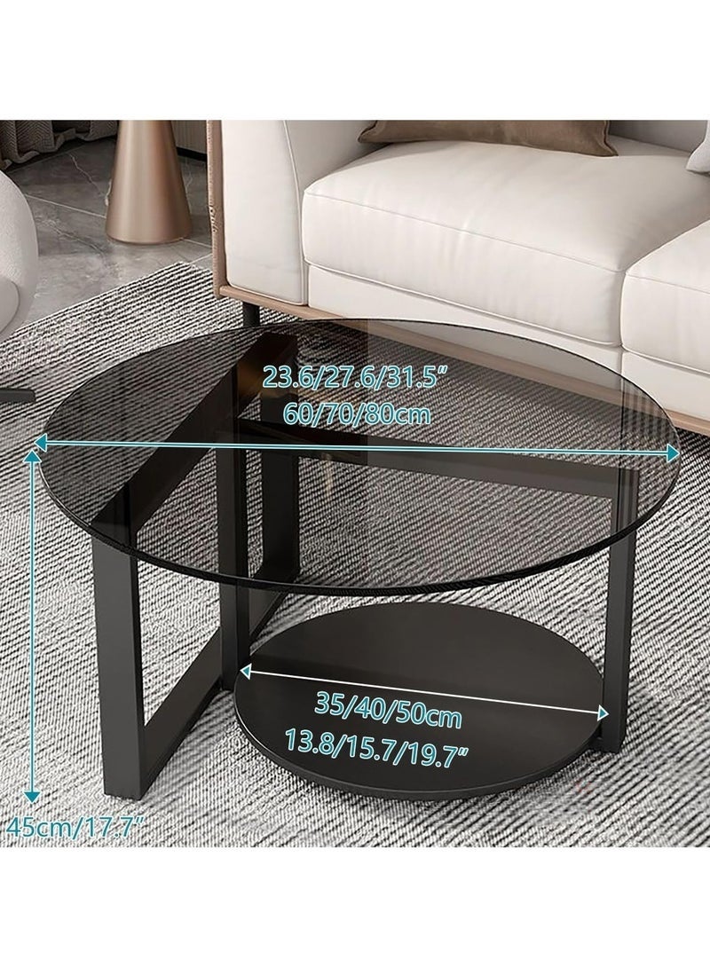 VRCOW Round Coffee Table with Storage, Round Coffee Tables for Living Room with Tempered Glass Top, Floor Table with Iron Feet Double-Layer Small Coffee Tables for Small Spaces,Black 70cm - Image 2