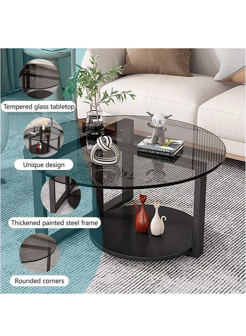 VRCOW Round Coffee Table with Storage, Round Coffee Tables for Living Room with Tempered Glass Top, Floor Table with Iron Feet Double-Layer Small Coffee Tables for Small Spaces,Black 70cm - Image 4