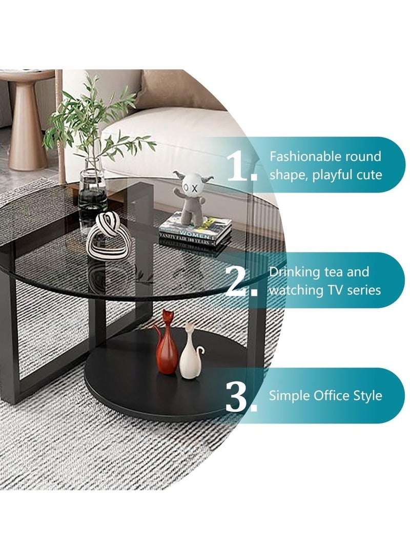 VRCOW Round Coffee Table with Storage, Round Coffee Tables for Living Room with Tempered Glass Top, Floor Table with Iron Feet Double-Layer Small Coffee Tables for Small Spaces,Black 70cm - Image 3