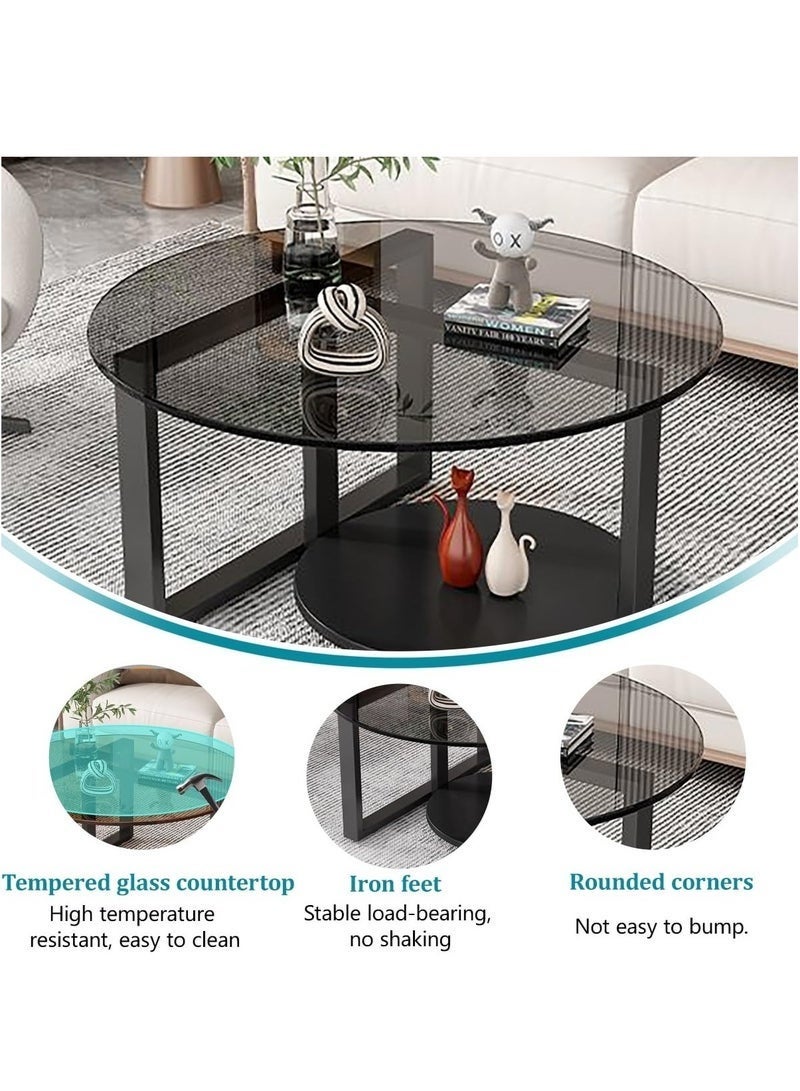VRCOW Round Coffee Table with Storage, Round Coffee Tables for Living Room with Tempered Glass Top, Floor Table with Iron Feet Double-Layer Small Coffee Tables for Small Spaces,Black 70cm - Image 5