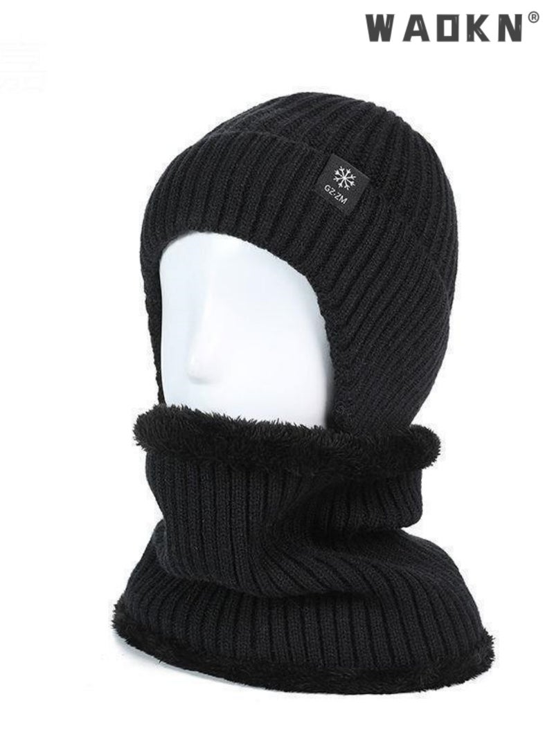 WAOKN 2pcs Mens Winter Knit Beanie with Earflap Neck Warmer Set Outdoor Warm Thermal Knitted Hat with Fleece Lined Skull Cap，Winter warmth and ear protection cap，Thick knitted yarn cap，Premium quality knit cap - Image 2