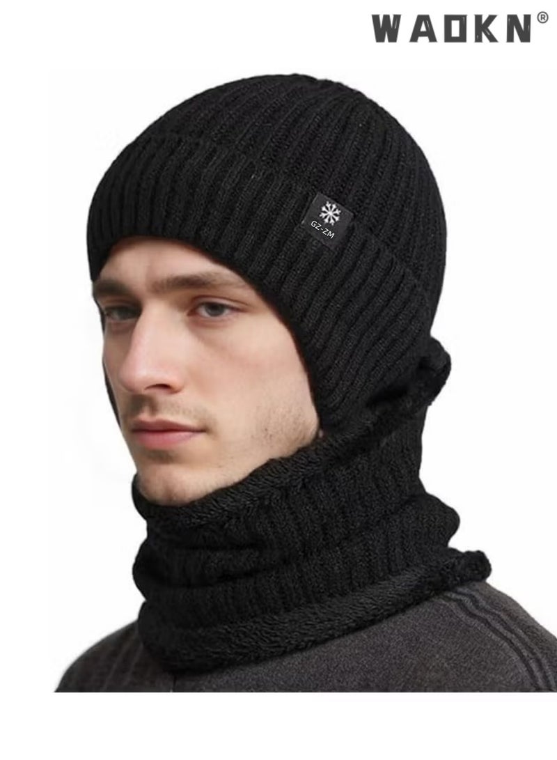 WAOKN 2pcs Mens Winter Knit Beanie with Earflap Neck Warmer Set Outdoor Warm Thermal Knitted Hat with Fleece Lined Skull Cap，Winter warmth and ear protection cap，Thick knitted yarn cap，Premium quality knit cap - Image 1