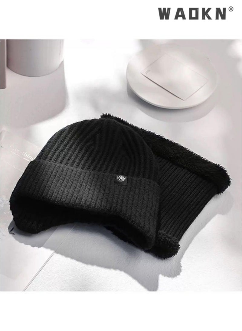 WAOKN 2pcs Mens Winter Knit Beanie with Earflap Neck Warmer Set Outdoor Warm Thermal Knitted Hat with Fleece Lined Skull Cap，Winter warmth and ear protection cap，Thick knitted yarn cap，Premium quality knit cap - Image 5