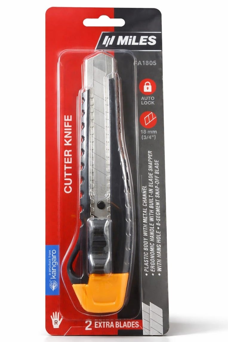 ميلس سكين متعدد الاستخدامات شديد التحمل مقاس 18 مم مزود بقفل تلقائي وقناة معدنية، مع شفرتين إضافيتين. - Image 1