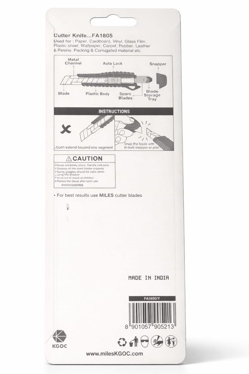 ميلس سكين متعدد الاستخدامات شديد التحمل مقاس 18 مم مزود بقفل تلقائي وقناة معدنية، مع شفرتين إضافيتين. - Image 2