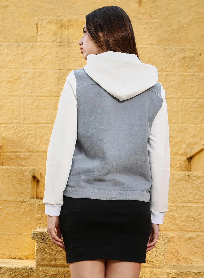 Campus Sutra Women's Ash Grey/Daisy White Mid-Wash Block Denim Jacket