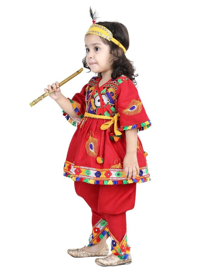 BownBee Embroidered Dhoti Top Radha Dress with Mukut Bansuri Belt for Girls, Set of 1 (Color-Red) Fancy Dhoti Style Janmashtmi Special Ethnic wear Costume Dress for Kids - Image 3