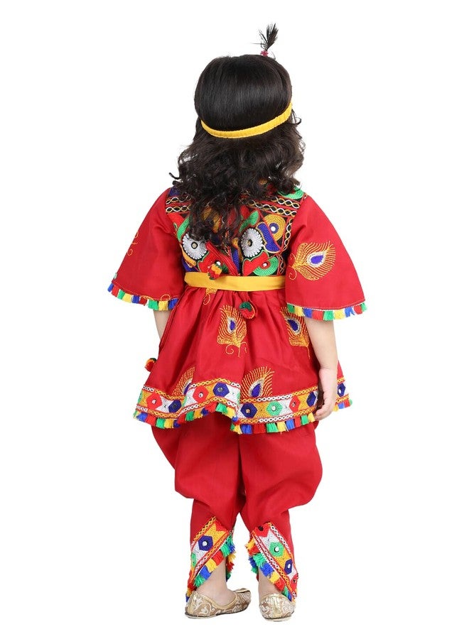 BownBee Embroidered Dhoti Top Radha Dress with Mukut Bansuri Belt for Girls, Set of 1 (Color-Red) Fancy Dhoti Style Janmashtmi Special Ethnic wear Costume Dress for Kids - Image 2