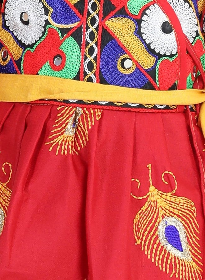 BownBee Embroidered Dhoti Top Radha Dress with Mukut Bansuri Belt for Girls, Set of 1 (Color-Red) Fancy Dhoti Style Janmashtmi Special Ethnic wear Costume Dress for Kids - Image 4