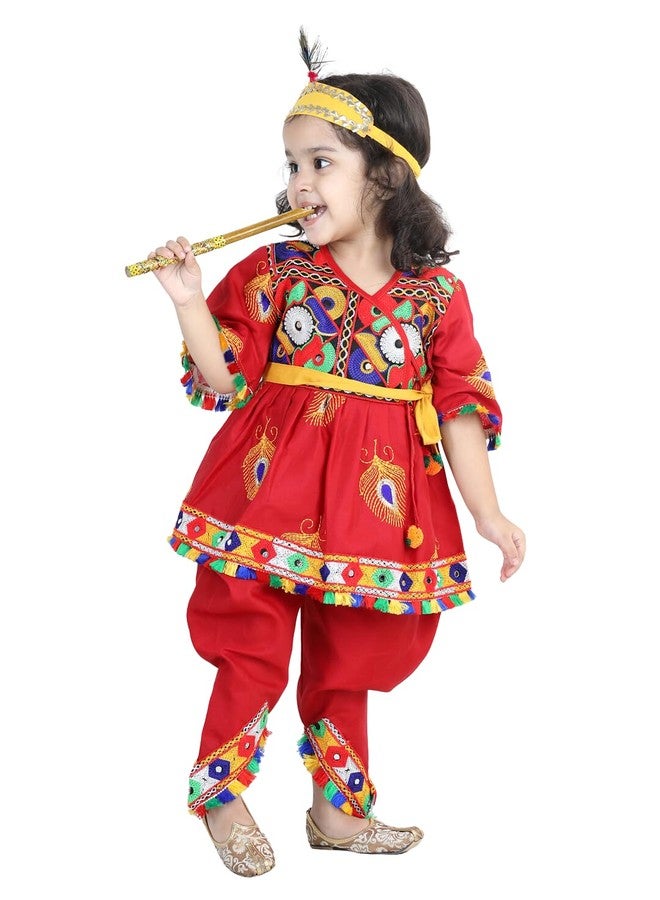 BownBee Embroidered Dhoti Top Radha Dress with Mukut Bansuri Belt for Girls, Set of 1 (Color-Red) Fancy Dhoti Style Janmashtmi Special Ethnic wear Costume Dress for Kids - Image 1