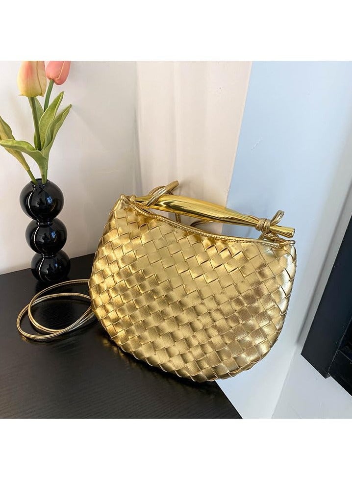 KASTWAVE حقيبة يد منسوجة، حقيبة كلاتش بمقبض جلد أنيق، حقيبة دملج صغيرة خفيفة الوزن، حقائب كروس بودي للنساء 2023، ذهبية - Image 2