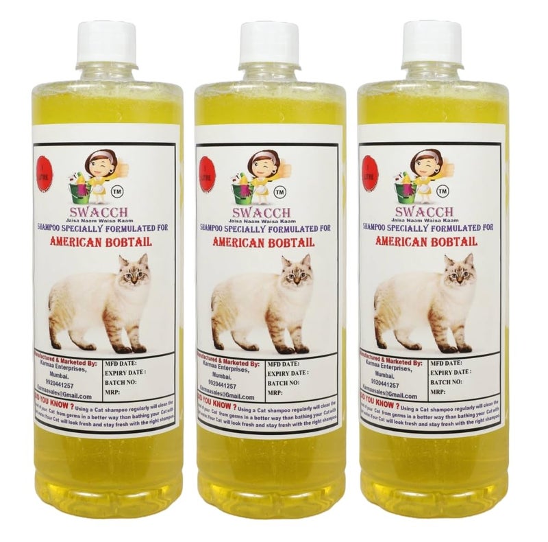 Swacch American Bobtail Cat Shampoo -1 Litre (Pack of 3) (Lemon) + Bath Brush with Adjustable Straps Combo Pack - Image 1