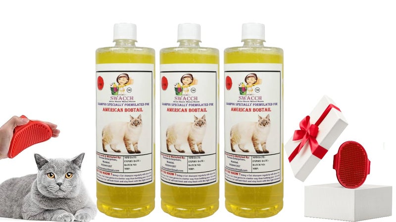 Swacch American Bobtail Cat Shampoo -1 Litre (Pack of 3) (Lemon) + Bath Brush with Adjustable Straps Combo Pack - Image 2