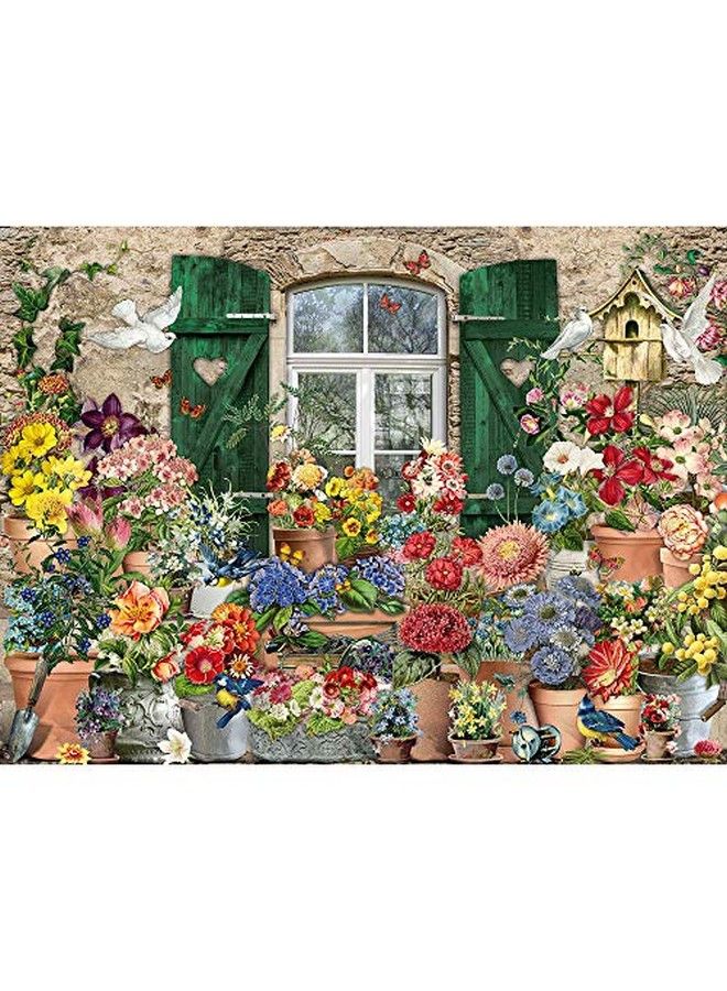 Bits and Pieces 1000 Piece Jigsaw Puzzle For Adults 20" X 27" Flowers Outside 1000 Pc Collage Flower Window Bird House Spring Butterfly Cottage Jigsaw By Artist Barbara Behr - Image 1