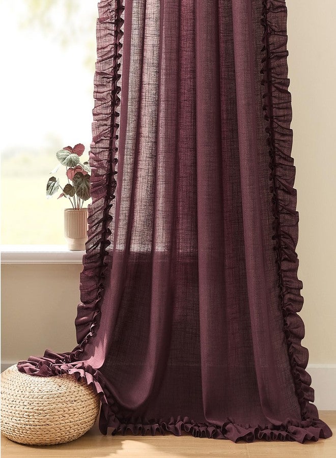 TERLYTEX Burgundy Ruffle Curtains 84 Inches Long, 2 Panels, W47xL84 Inch, Linen Textured Maroon Scalloped Curtains for Living Room, Rod Pocket Privacy Light Filtering Semi-Sheer Farmhouse Linen Ruffled Curtain - Image 5