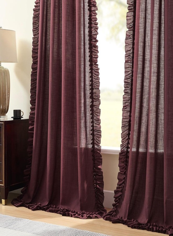 TERLYTEX Burgundy Ruffle Curtains 84 Inches Long, 2 Panels, W47xL84 Inch, Linen Textured Maroon Scalloped Curtains for Living Room, Rod Pocket Privacy Light Filtering Semi-Sheer Farmhouse Linen Ruffled Curtain - Image 4