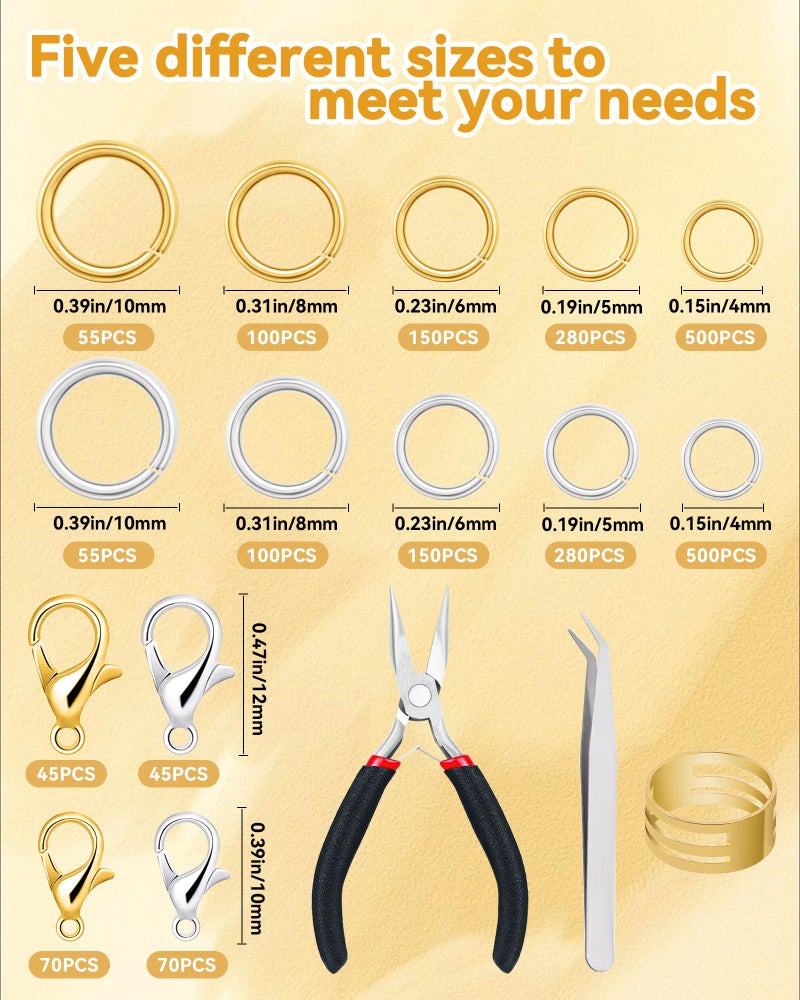 FIVEIZERO 2400PCS Jump Rings Kit for Jewelry Making Supplies & Necklace Repair with Silver & Gold Jump Rings, Lobster Clasps, Pliers, Tweezer & Opener, Jewelry Repair Kit for Earrings and Charms ï»¿ - Image 2