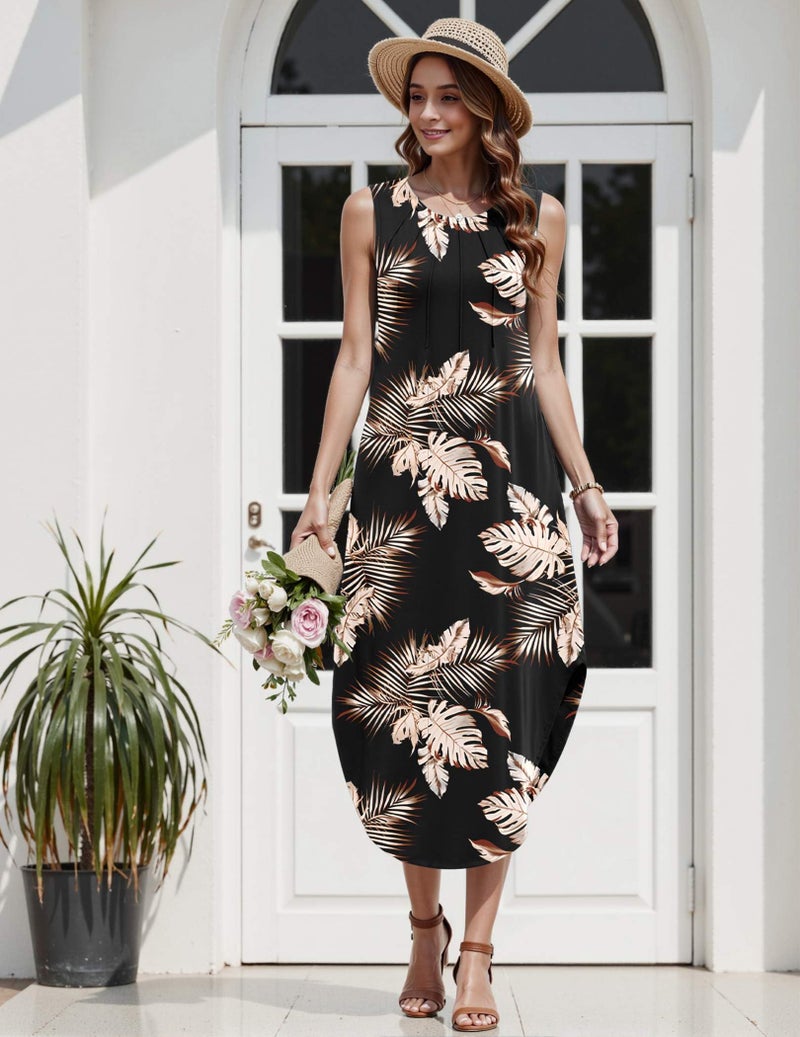 Zeagoo Women's Beach Vacation Travel Maxi Hawaiian Dress - Long Pleated Front Tank, Leaf Black, L - Image 2