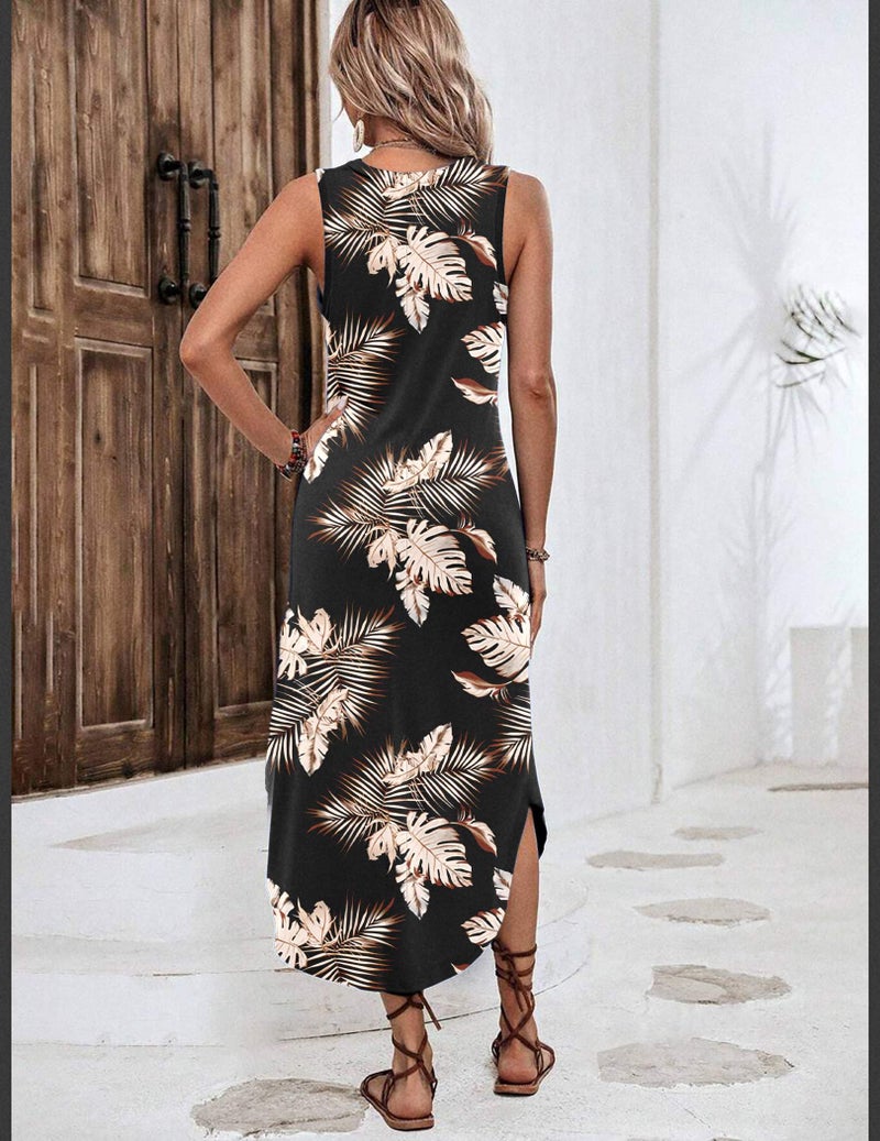 Zeagoo Women's Beach Vacation Travel Maxi Hawaiian Dress - Long Pleated Front Tank, Leaf Black, L - Image 4