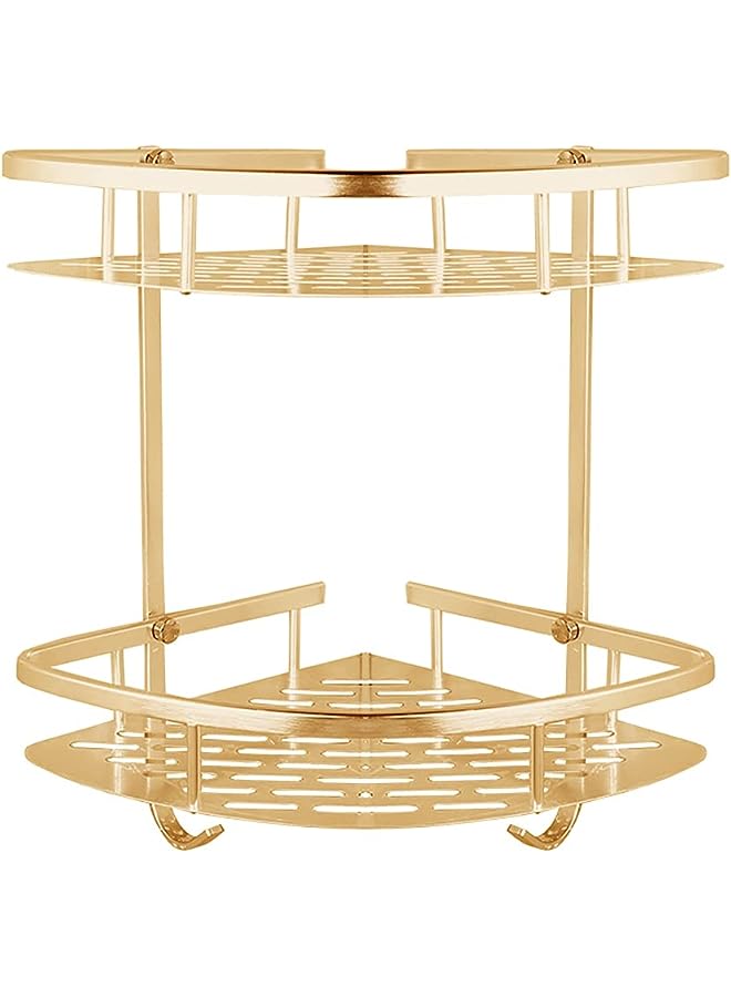 Raxoom No Drilling Bathroom Corner Shelf Drill-Free with Hooks Aluminum Stainless Steel Shower Shelves Kitchen Storage Basket - 2 Tier (Gold) - Image 1