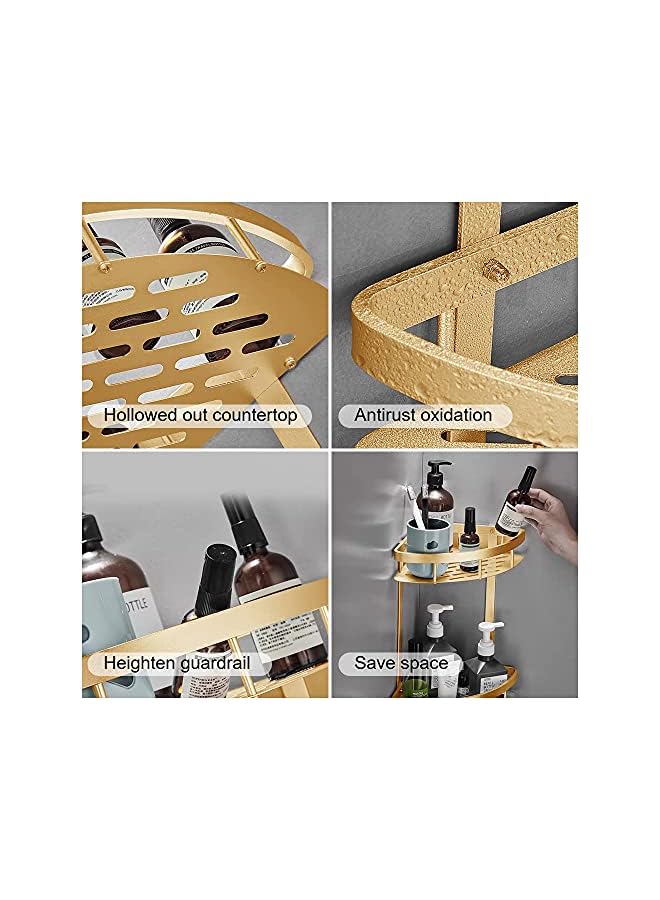 Raxoom No Drilling Bathroom Corner Shelf Drill-Free with Hooks Aluminum Stainless Steel Shower Shelves Kitchen Storage Basket - 2 Tier (Gold) - Image 5
