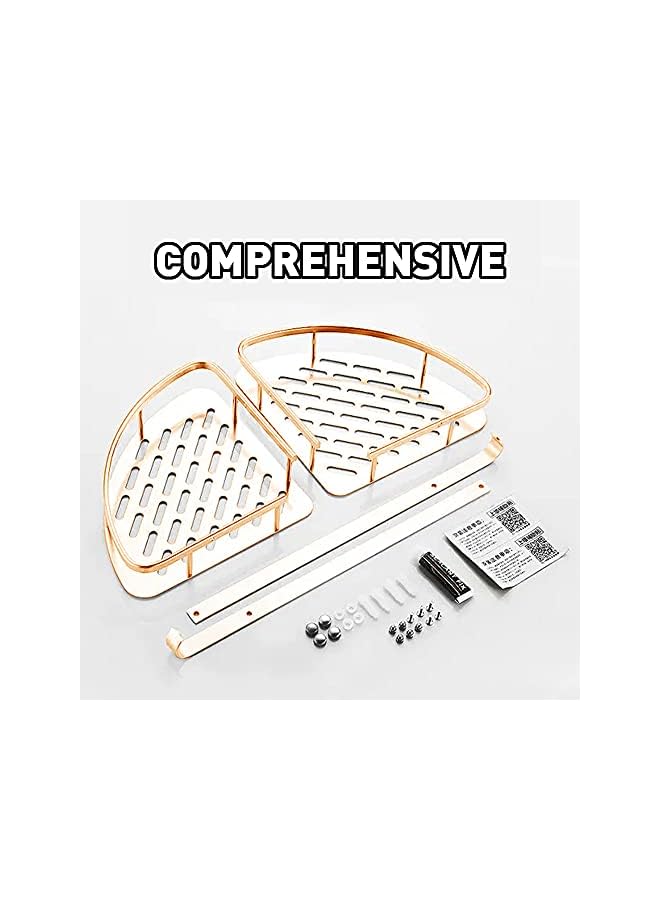 Raxoom No Drilling Bathroom Corner Shelf Drill-Free with Hooks Aluminum Stainless Steel Shower Shelves Kitchen Storage Basket - 2 Tier (Gold) - Image 3