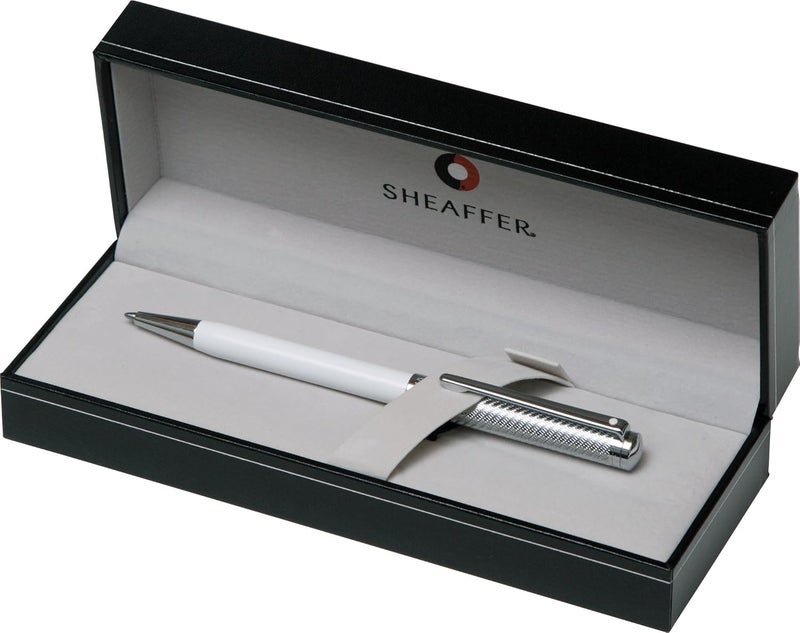 Sheaffer Intensity Deluxe White Barrel Ballpoint Pen with Engraved Chrome Spiral Cap - Image 2