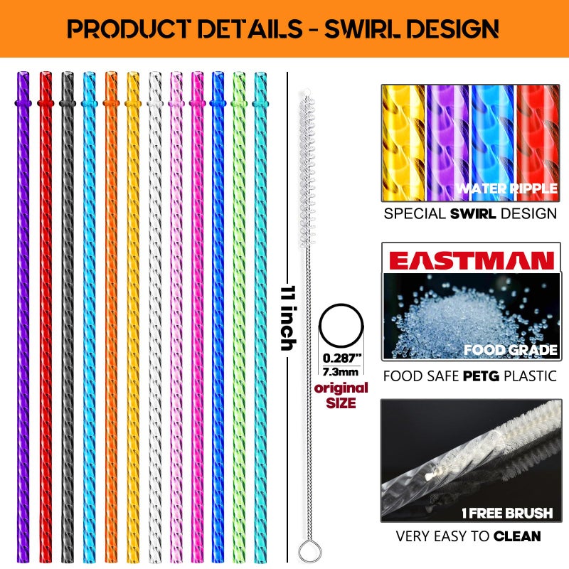 ALINK 12-Pack Reusable Plastic Clear Swirl Straws, 11" Long Colorful Hard Plastic Tumbler Replacement Straws for 16 OZ 20 OZ 30 OZ Stanley, YETI, Starbucks, Owala Tumblers with Brush - Image 2