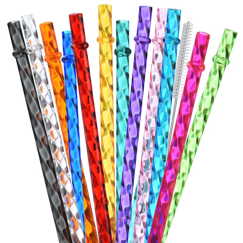 ALINK 12-Pack Reusable Plastic Clear Swirl Straws, 11" Long Colorful Hard Plastic Tumbler Replacement Straws for 16 OZ 20 OZ 30 OZ Stanley, YETI, Starbucks, Owala Tumblers with Brush - Image 1