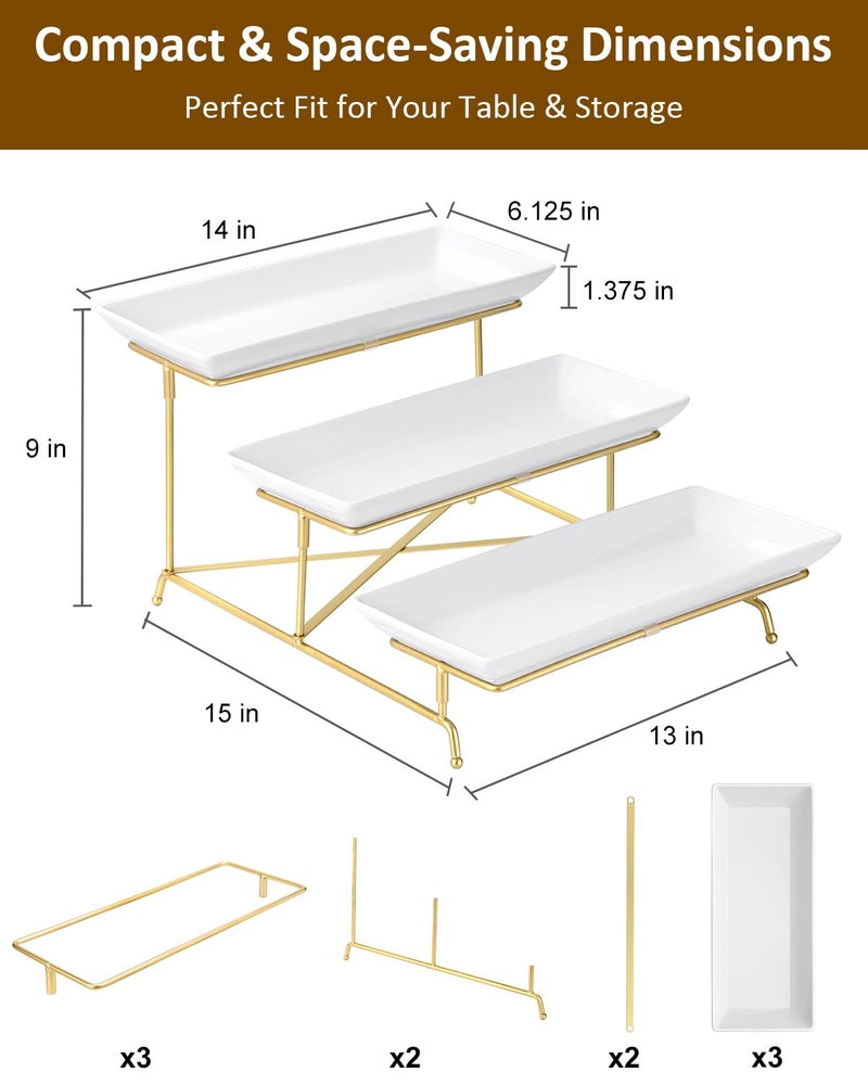 Yedio 3 Tier Serving Tray Set 14 Inch Porcelain Tiered Serving Platters, Collapsible Sturdier Stand with Stable Cross Bars, Three Layer Serving for Party Entertaining Food Display Fruit Dessert - Image 2