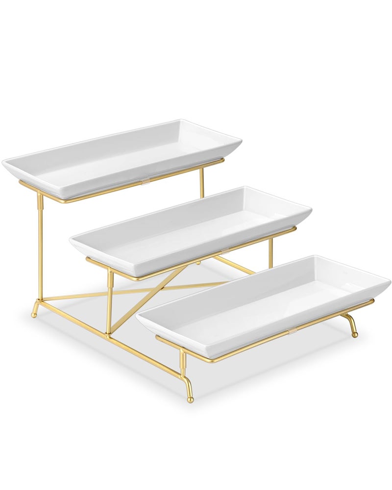 Yedio 3 Tier Serving Tray Set 14 Inch Porcelain Tiered Serving Platters, Collapsible Sturdier Stand with Stable Cross Bars, Three Layer Serving for Party Entertaining Food Display Fruit Dessert - Image 1