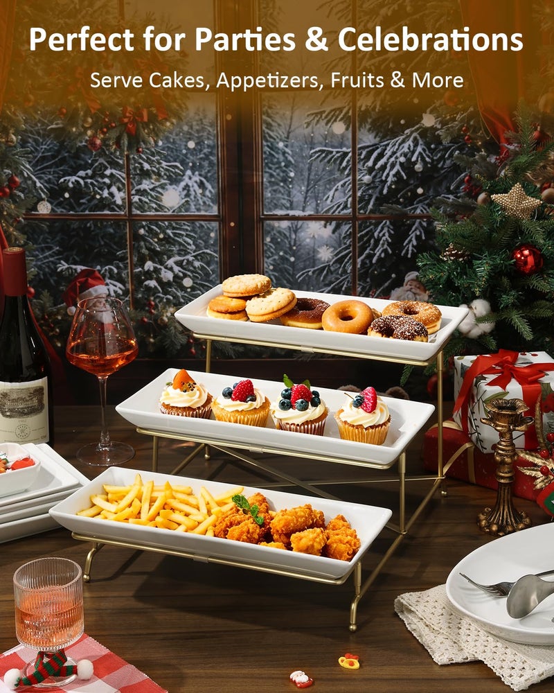 Yedio 3 Tier Serving Tray Set 14 Inch Porcelain Tiered Serving Platters, Collapsible Sturdier Stand with Stable Cross Bars, Three Layer Serving for Party Entertaining Food Display Fruit Dessert - Image 5