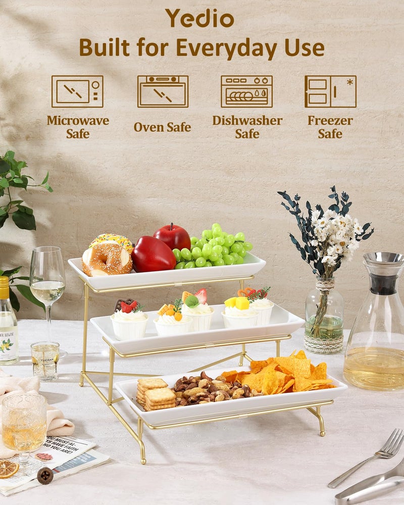 Yedio 3 Tier Serving Tray Set 14 Inch Porcelain Tiered Serving Platters, Collapsible Sturdier Stand with Stable Cross Bars, Three Layer Serving for Party Entertaining Food Display Fruit Dessert - Image 3