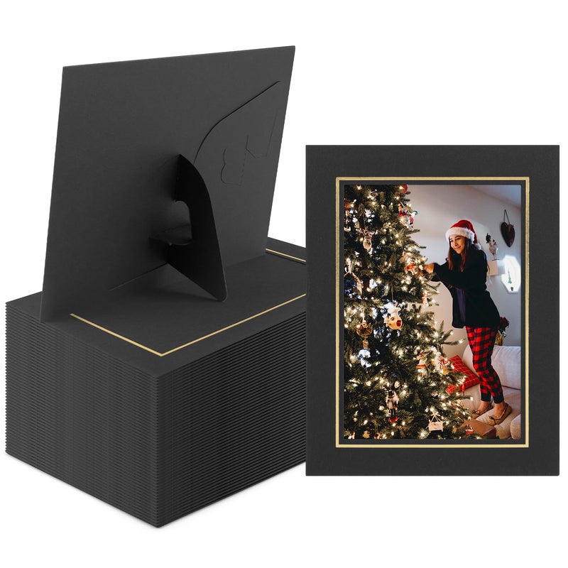 Golden State Art Pack Of 50 5X7 Paper Picture Frames With Easel Photo Frame Cards Diy Cardboard Black Gold Lining