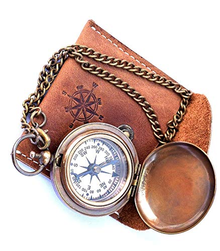 THOR INSTRUMENTS Handmade Nautical Brass Push Open Compass On Chain with Leather Case Pocket Compass Gift Compass Rustic Vintage Home Decor Gifts - Image 1