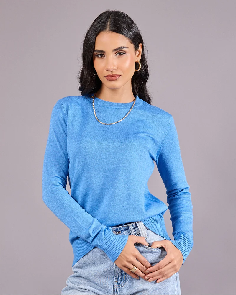 Redtag Women Blue Plain Pullover